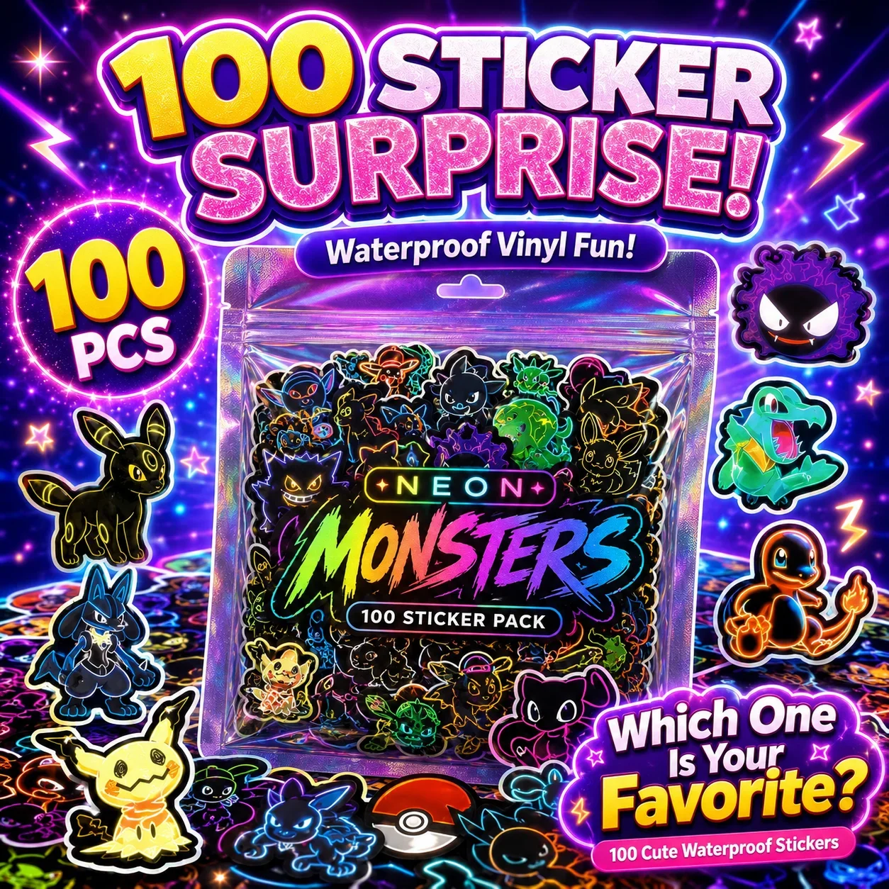 100pcs Neon  Pokémon  Stickers - Wall Sticker 评论和价格